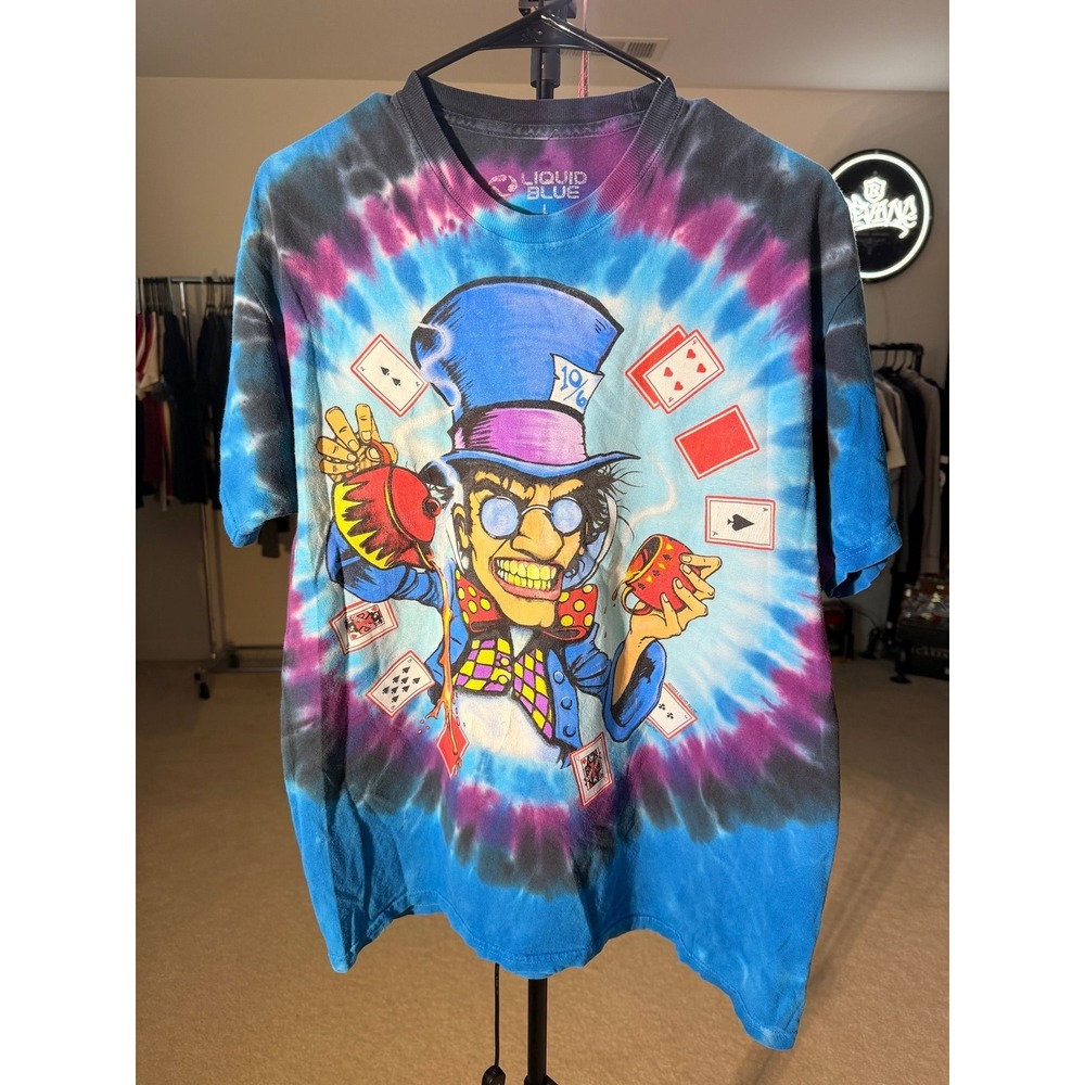 Liquid Blue Cheshire Cat Alice in Wonderland Tie-Dye Tee Double Sided Size L